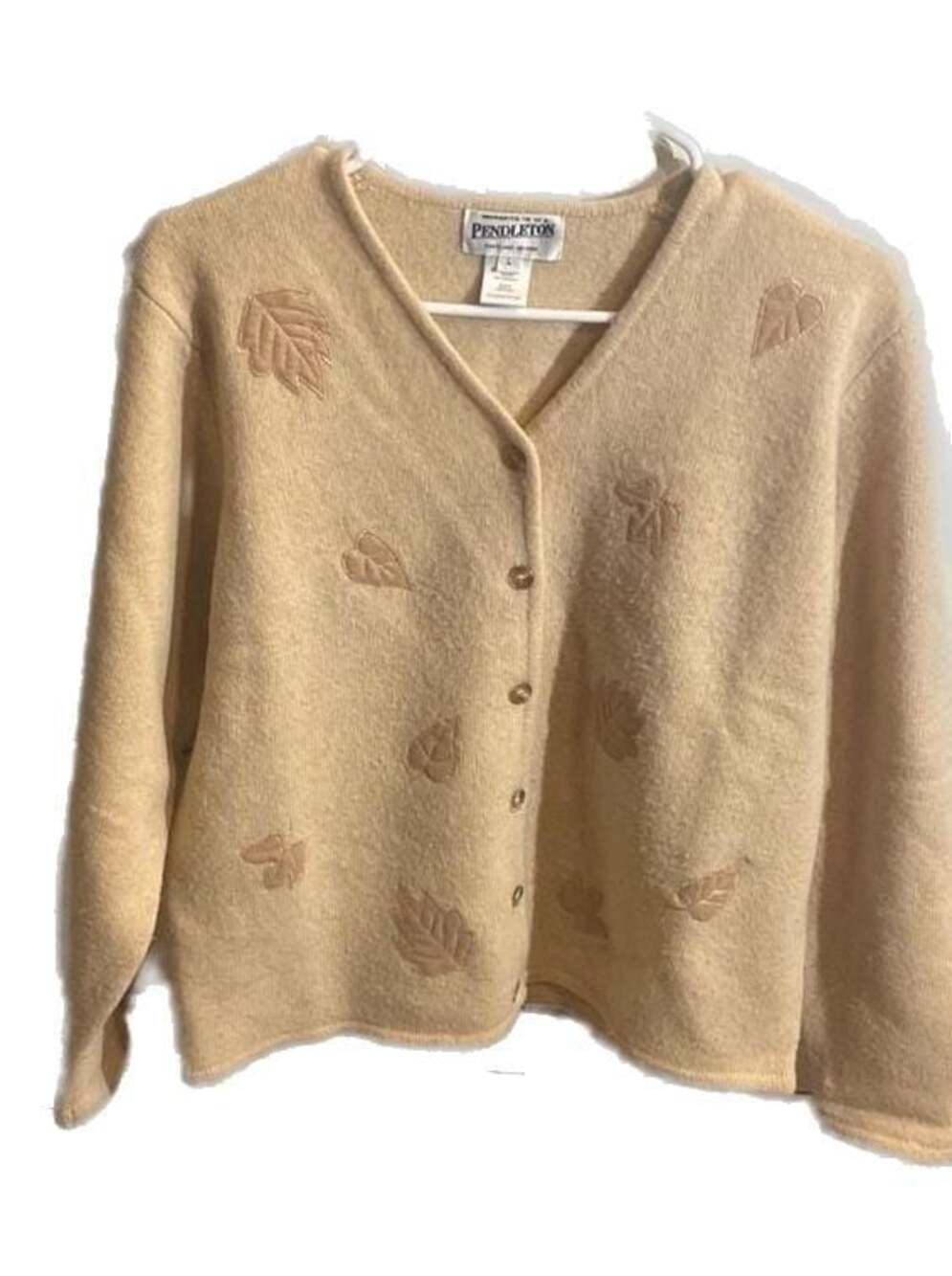 Pendleton Vintage 100% Lambswool Embroidered Leaf Cardigan Sweater L Yellow